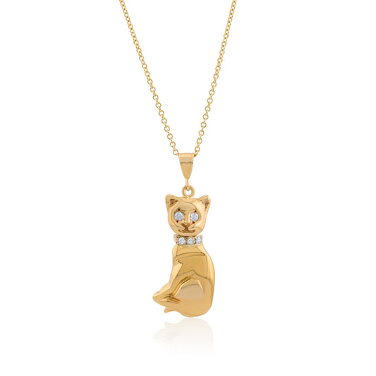 14K Yellow Gold Diamond Cat Pendant ~ 1/10 Ct