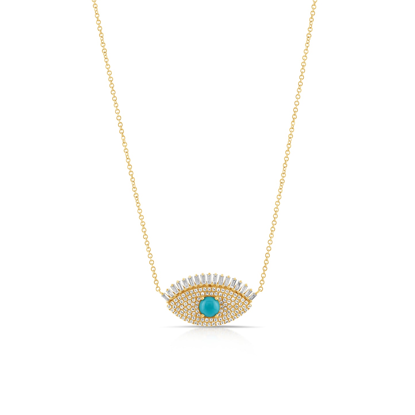 14K Yellow Gold Diamond & Turquoise Evil Eye Necklace ~ 1 Ct