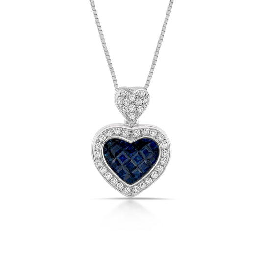 14K White Gold Diamond Halo Sapphire Heart-Shaped Pendant ~ 2 Ct