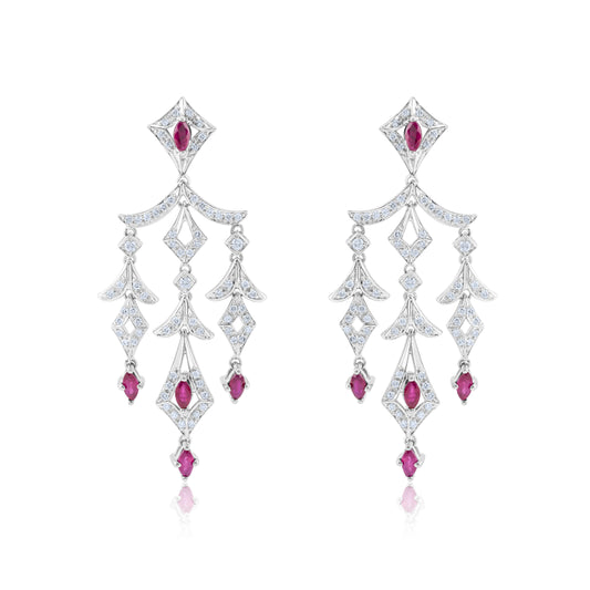 18K White Gold Ruby & Diamond Chandelier Earrings 3 Ct