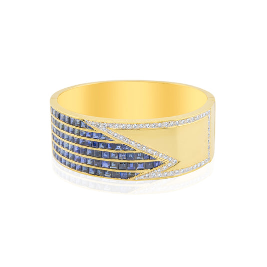 18K Yellow Gold Diamond & Sapphire Wide Bangle ~ 26 Ct