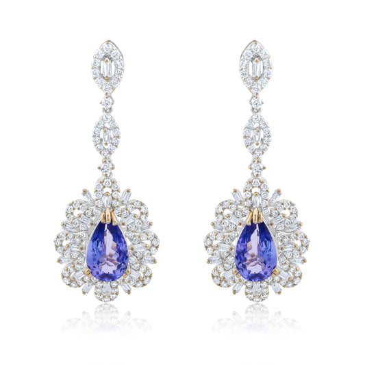 18K White Gold Diamond & Tanzanite Halo Dangling Earrings ~ 7 Ct