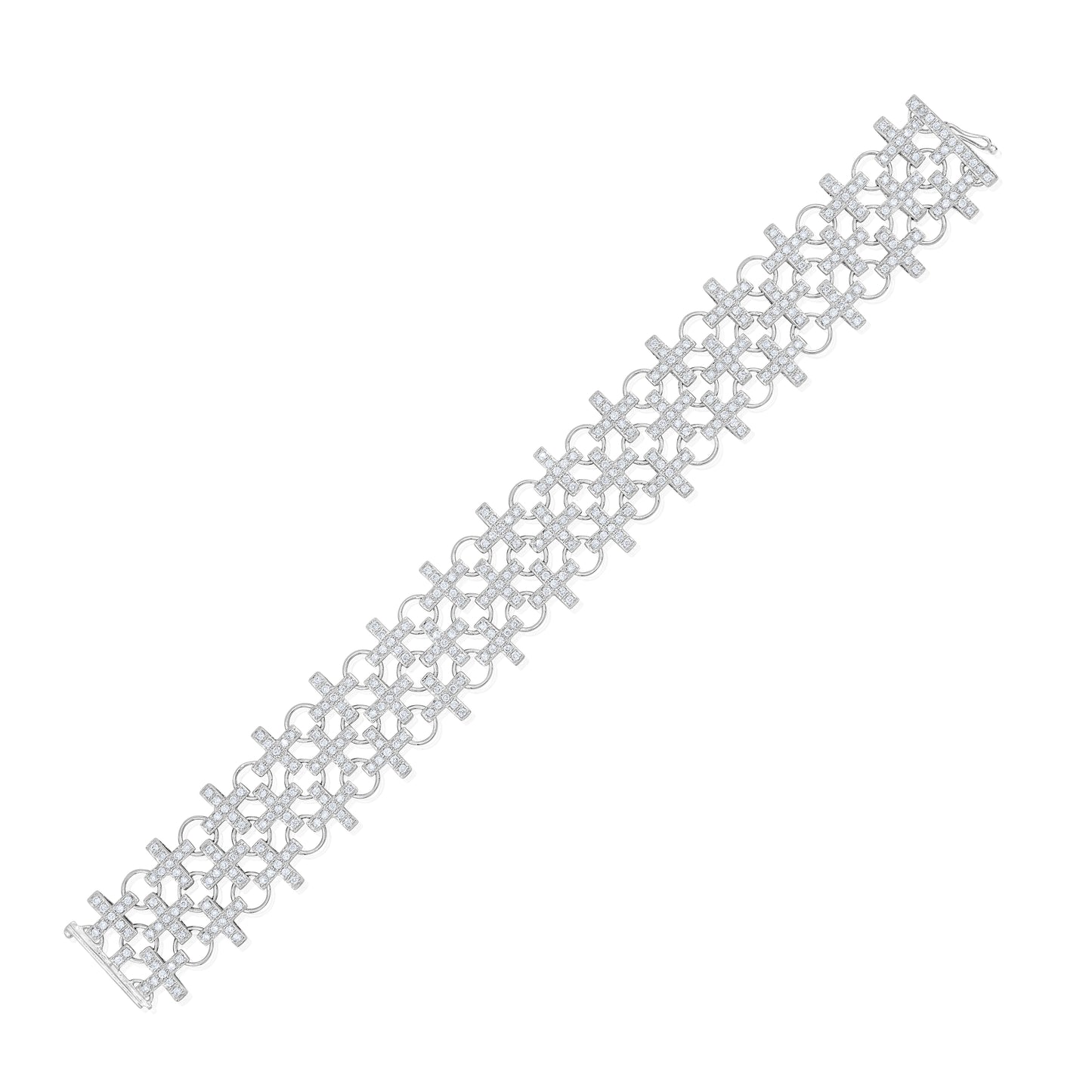 14K White Gold Diamond Crosses-Design Wide Bracelet ~ 4 Ct
