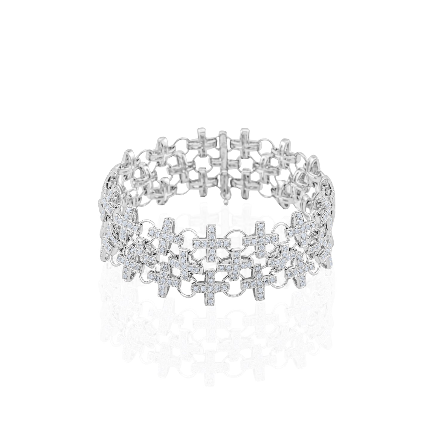 14K White Gold Diamond Crosses-Design Wide Bracelet ~ 4 Ct
