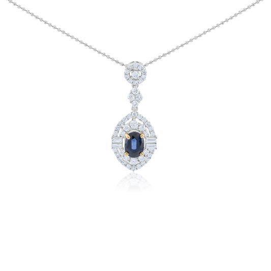 14k White Gold Double Halo Blue Sapphire Pendant 2.15 Ct