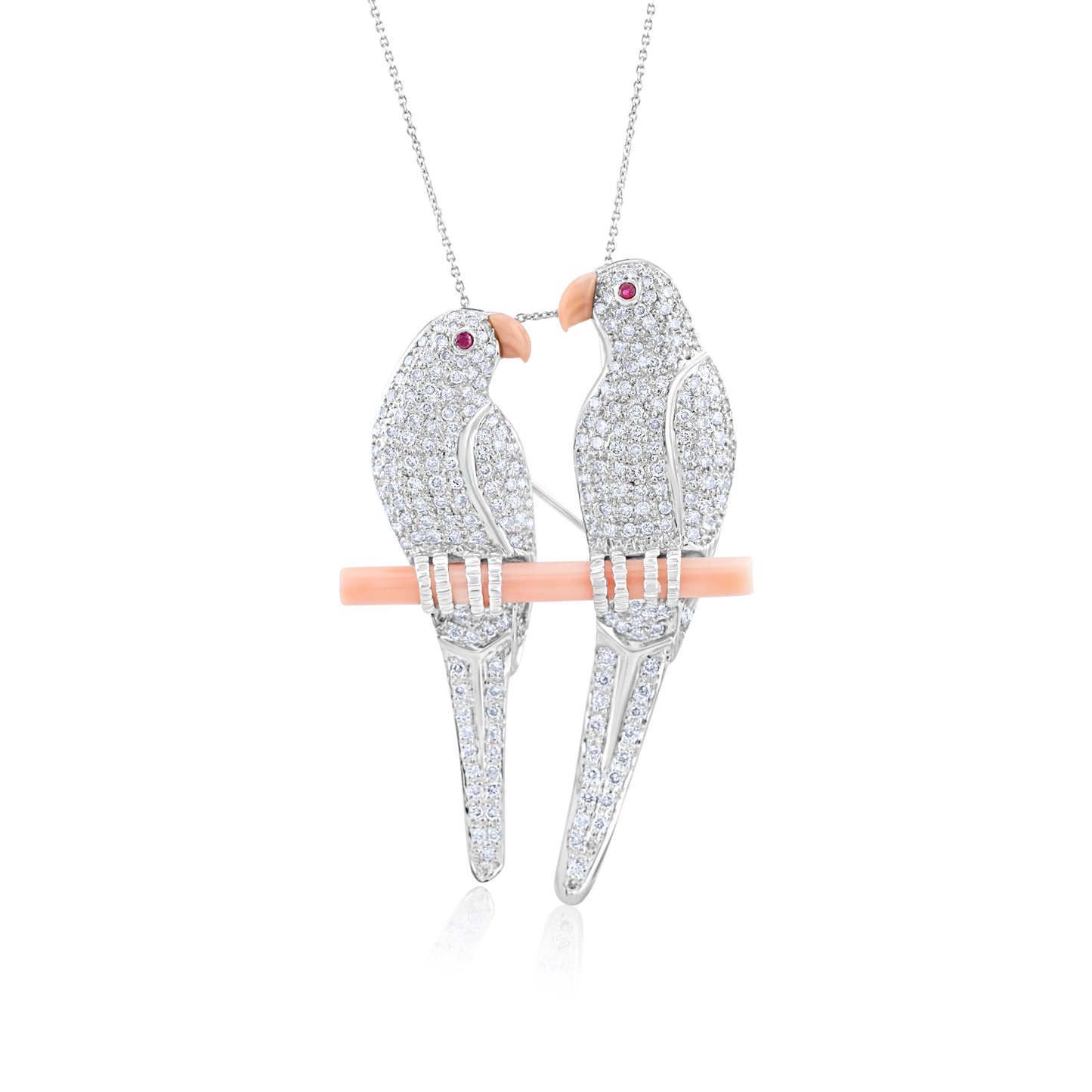 18K White Gold Diamond Parrots Brooch & Pendant ~ 3½ Ct