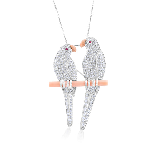 18K White Gold Diamond Parrots Brooch & Pendant ~ 3½ Ct