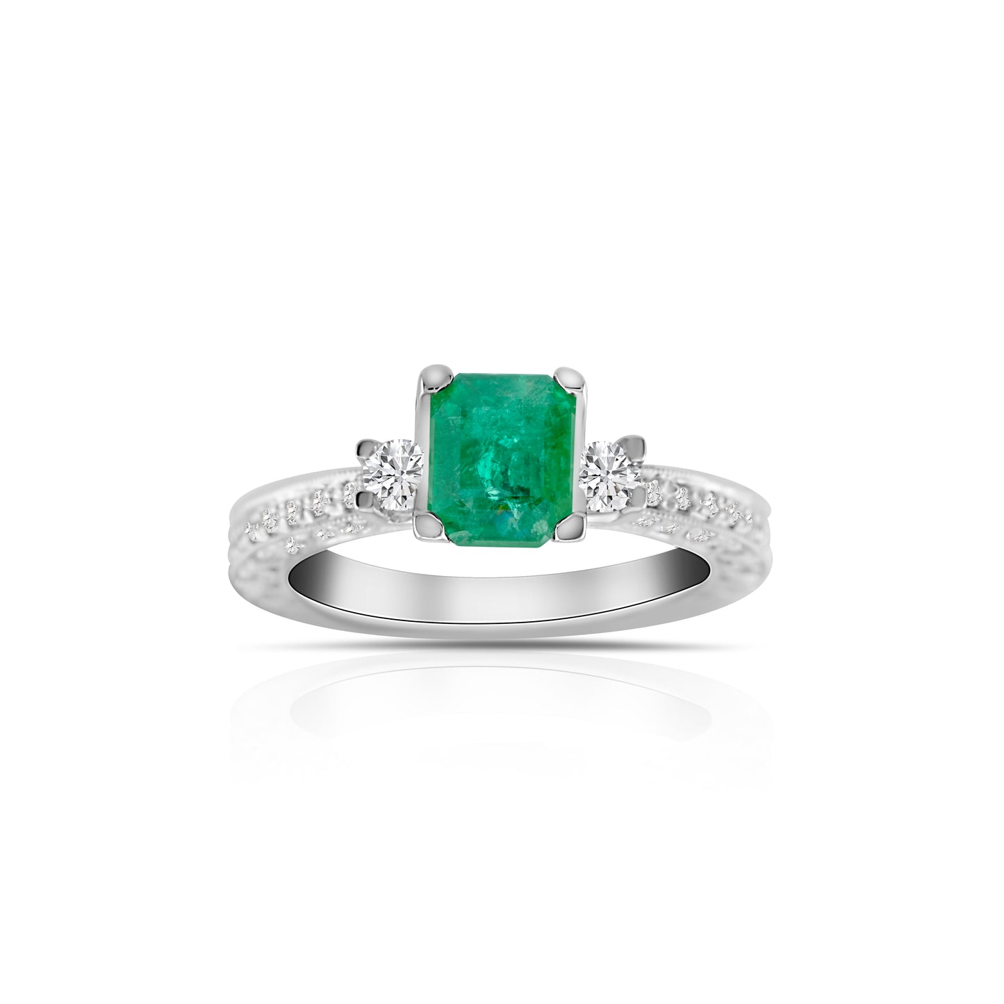 18K White Gold Diamond & Emerald Three-Stone Ring 2 Ct