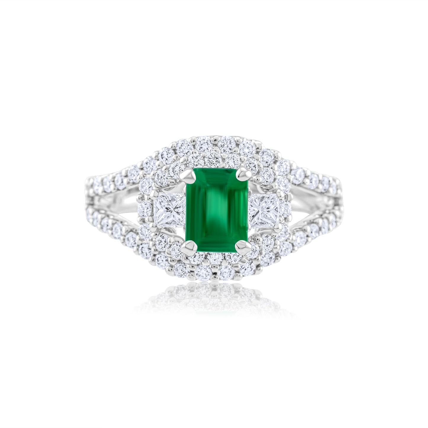 18K White Gold Diamond & Emerald Halo Right Hand Ring ~ 2 Ct