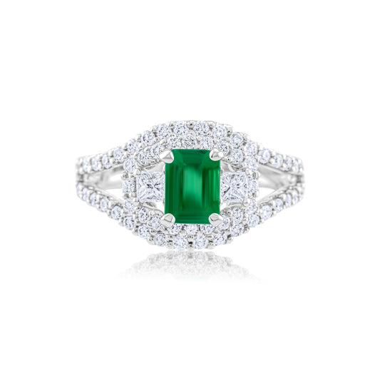 18K White Gold Diamond & Emerald Halo Right Hand Ring ~ 2 Ct
