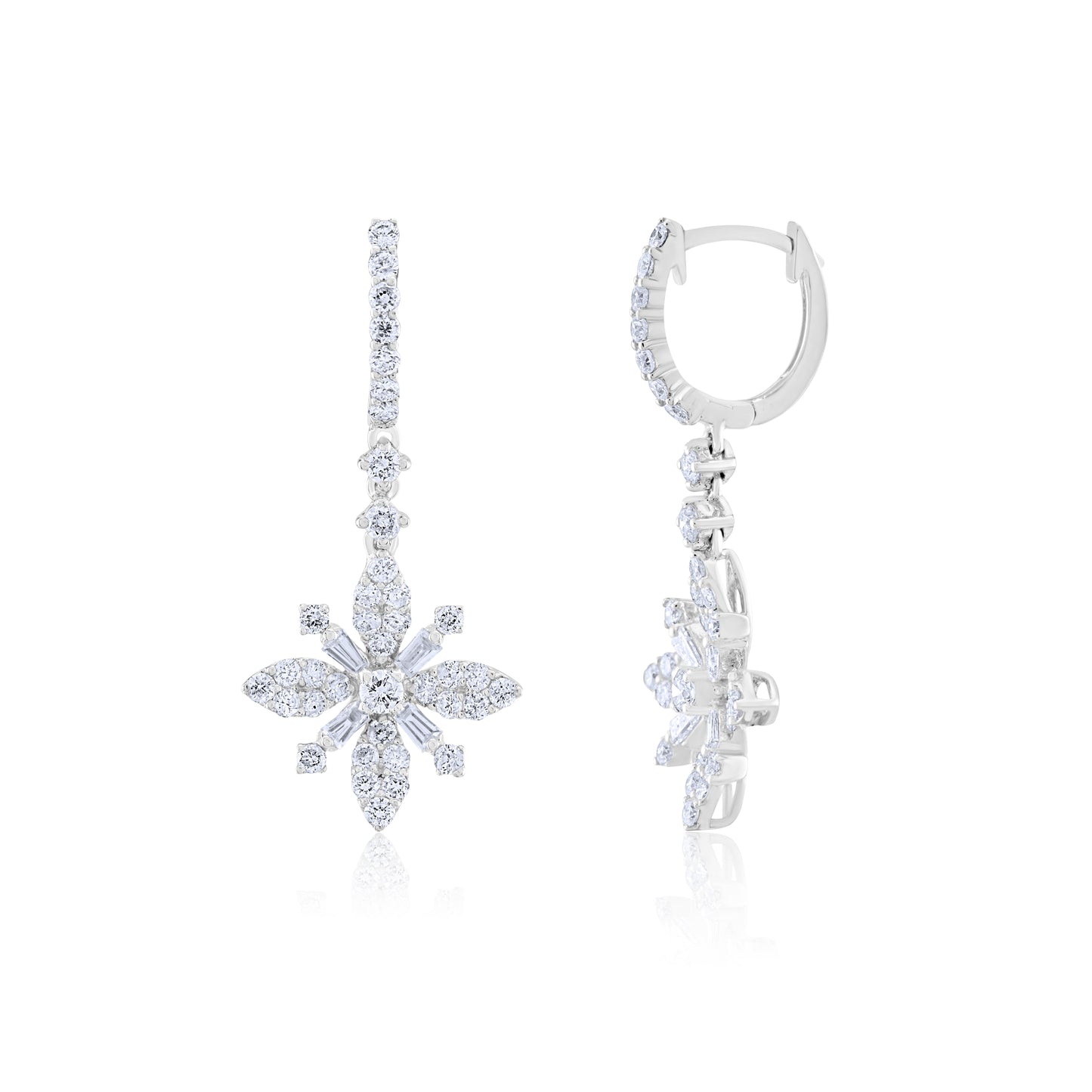 14K White Gold Diamond Floral Drop Earrings 1.52 Ct