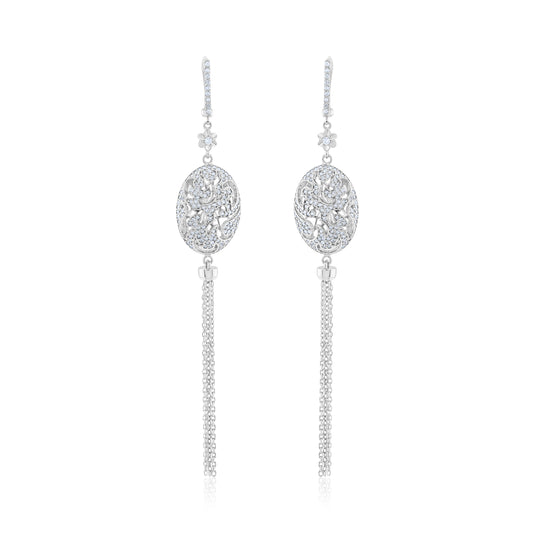 18K White Gold Diamond Chain Dangling Earrings 1 ½ Ct
