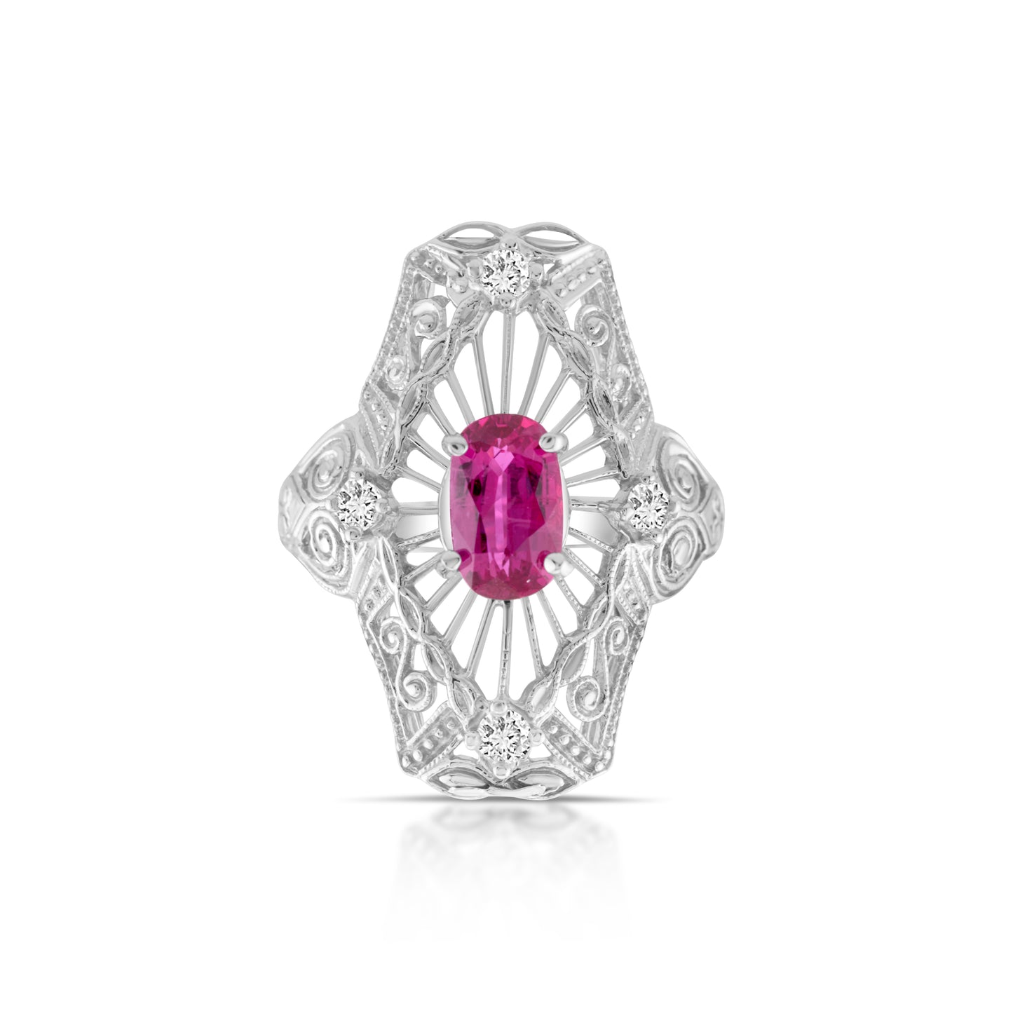 14K White Gold Diamond & Ruby Art Deco Cocktail Ring ~ 1 2/3 Ct