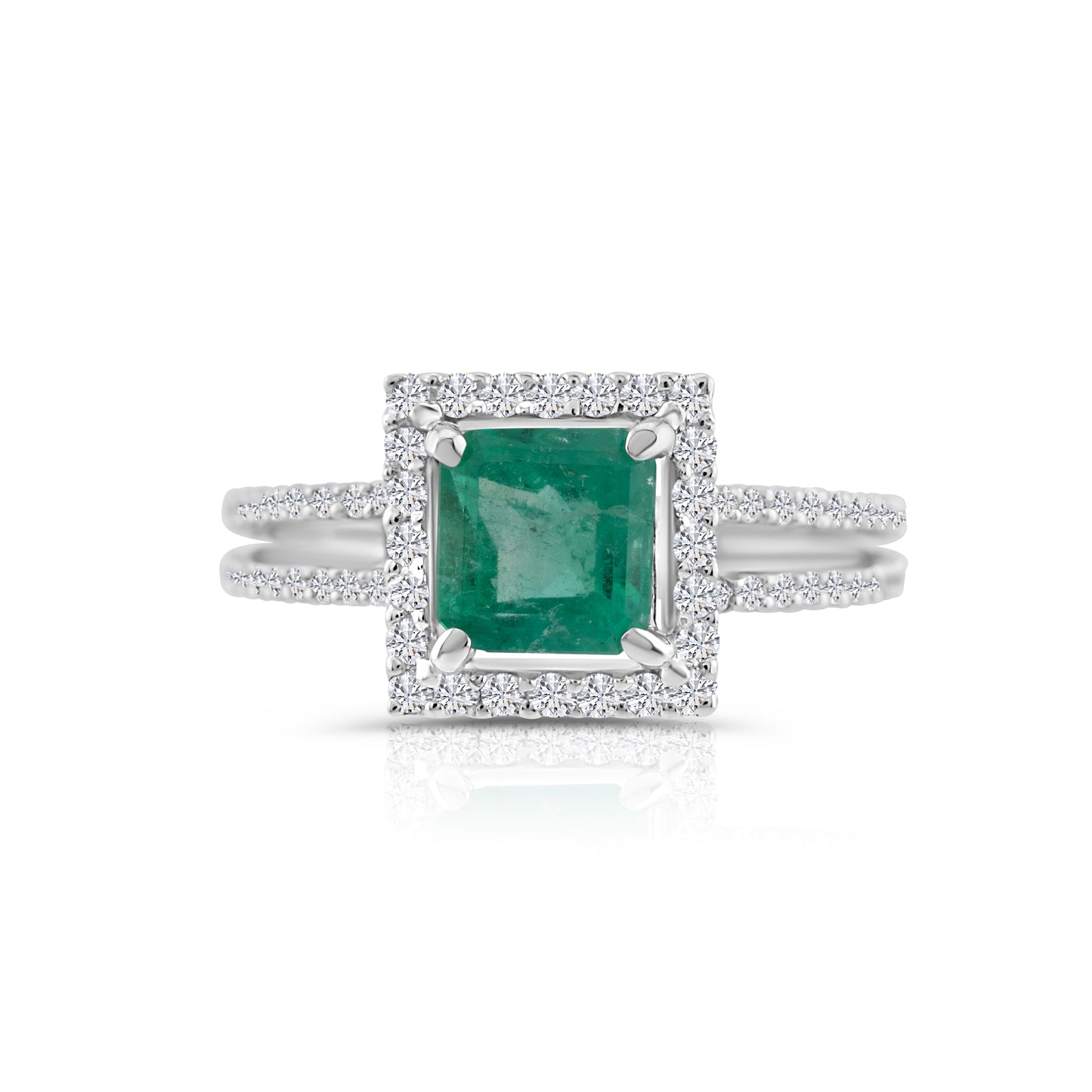 18K White Gold Diamond & Emerald Halo Ring 1 2/3 Ct