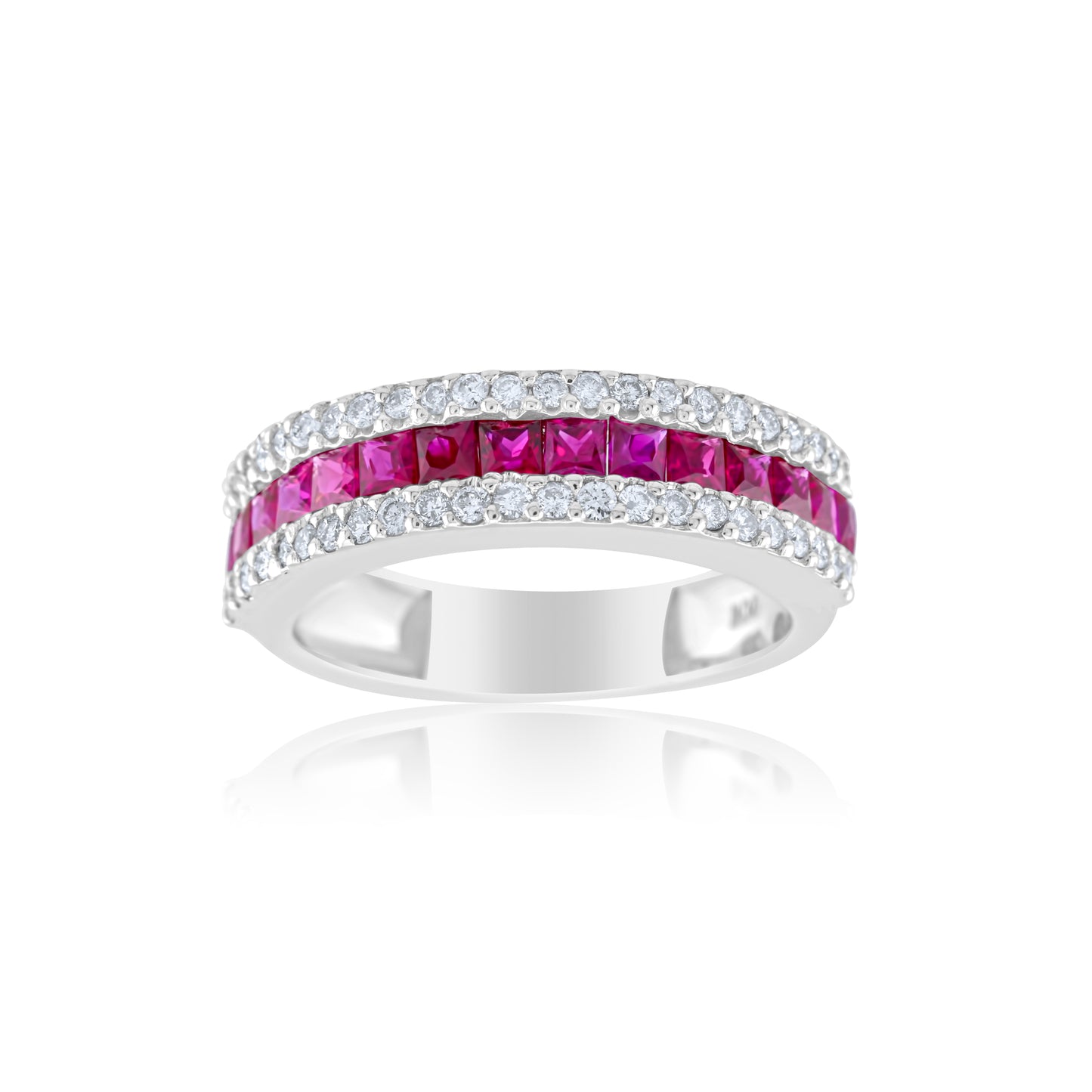 14K White Gold Diamond & Ruby Three-Row Band ~ 1 ½ Ct