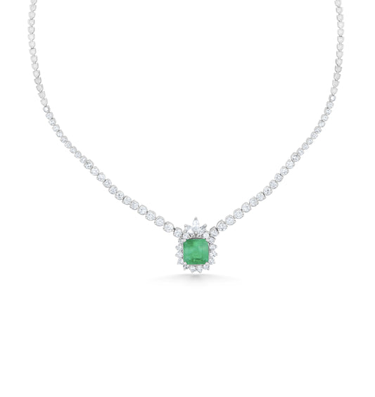 18K White Gold Diamond & Square Emerald Victorian Necklace 6 1/3 Ct