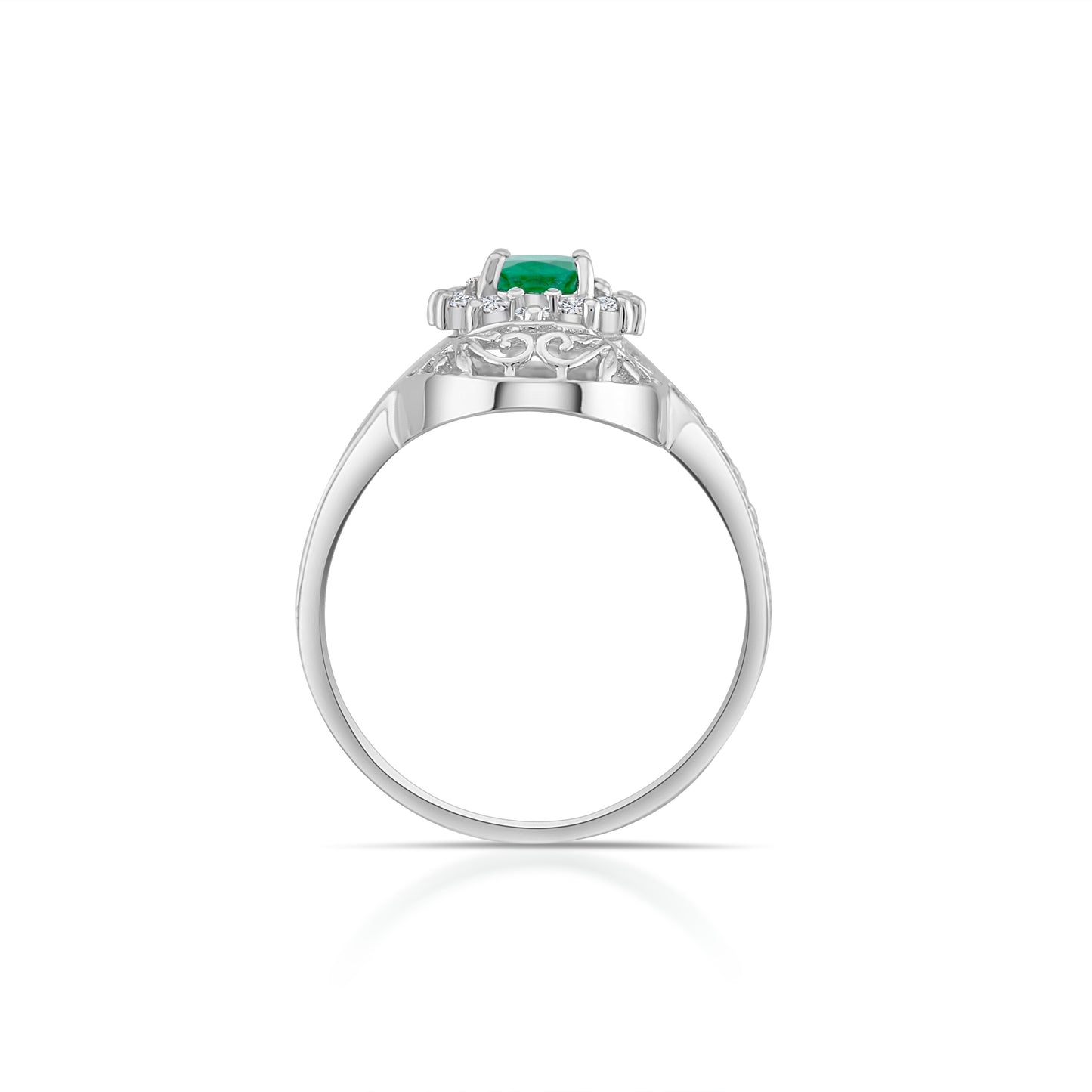 14K White Gold Diamond & Emerald Vintage-Style Filigree Ring ½ Ct