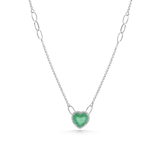 14K White Gold Heart Shaped Emerald & Diamond Necklace 11.10 Ct