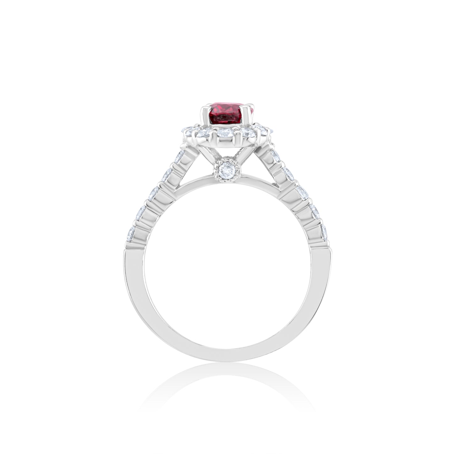 14K White Gold Diamond & Ruby Halo Right Hand Ring ~ 2 Ct