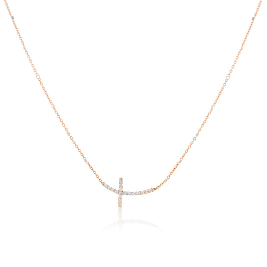 14K Two-Tone Gold Diamond Sideways Cross Necklace