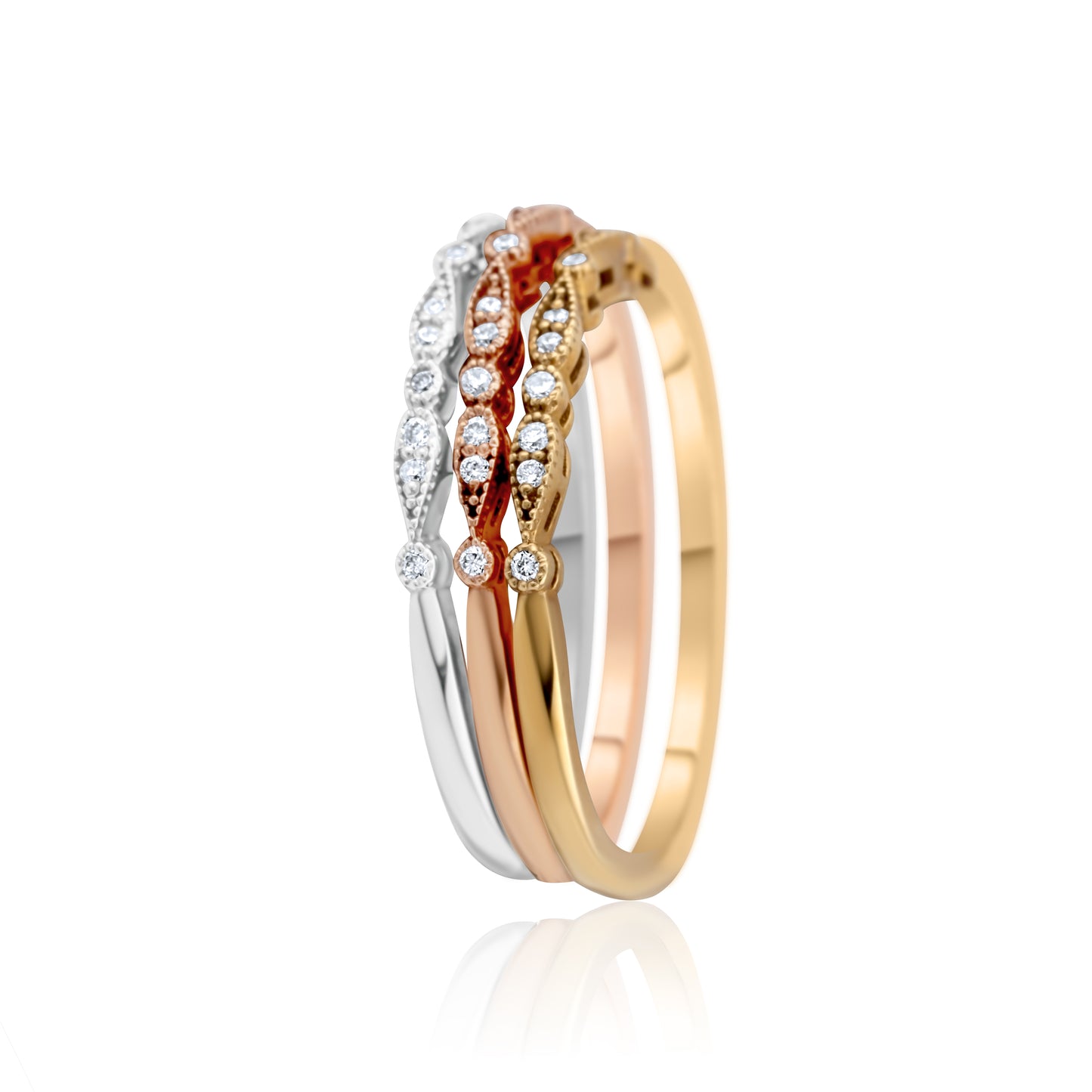 14K Three-Tone Gold Diamond Stackable Bands ~ 2/3 Ct