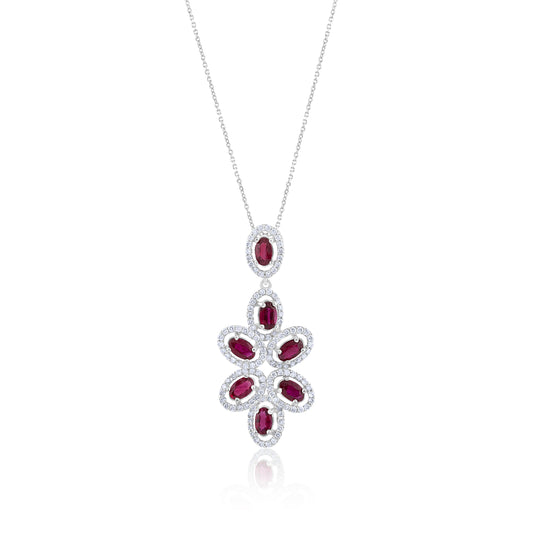 14K White Gold Diamond & Ruby Halo Pendant ~ 3¼ Ct