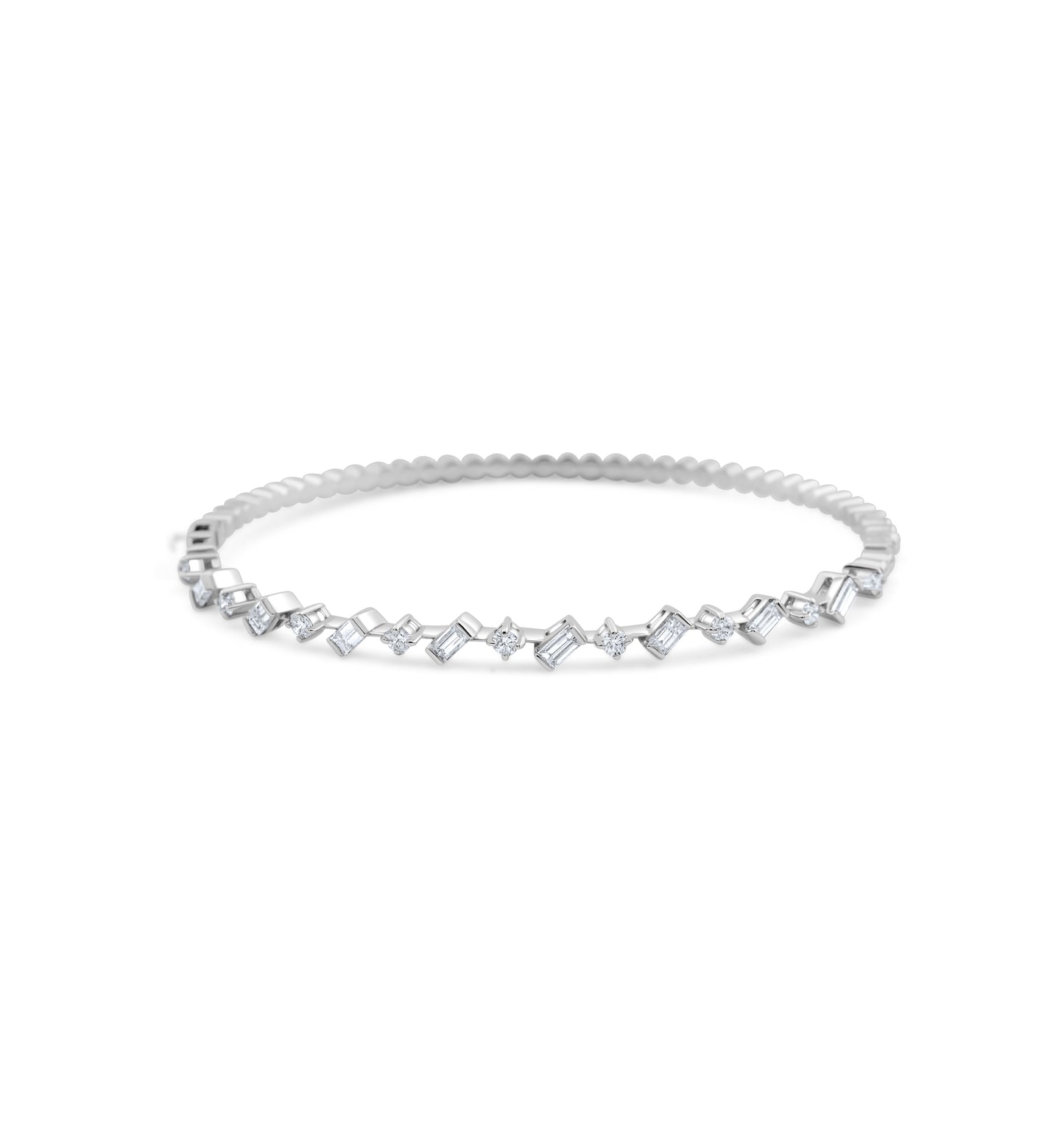 14K White Gold Round & Baguette Cut Diamond Bangle 1.02 Ct