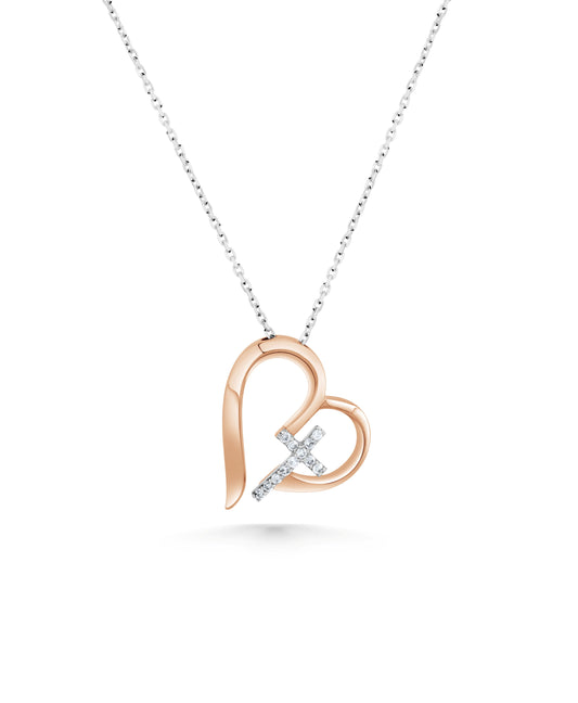 14K Two-Tone Gold Diamond Cross in Heart Necklace