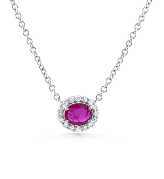 14K White Gold Diamond Halo Ruby Necklace ~ 3 Ct