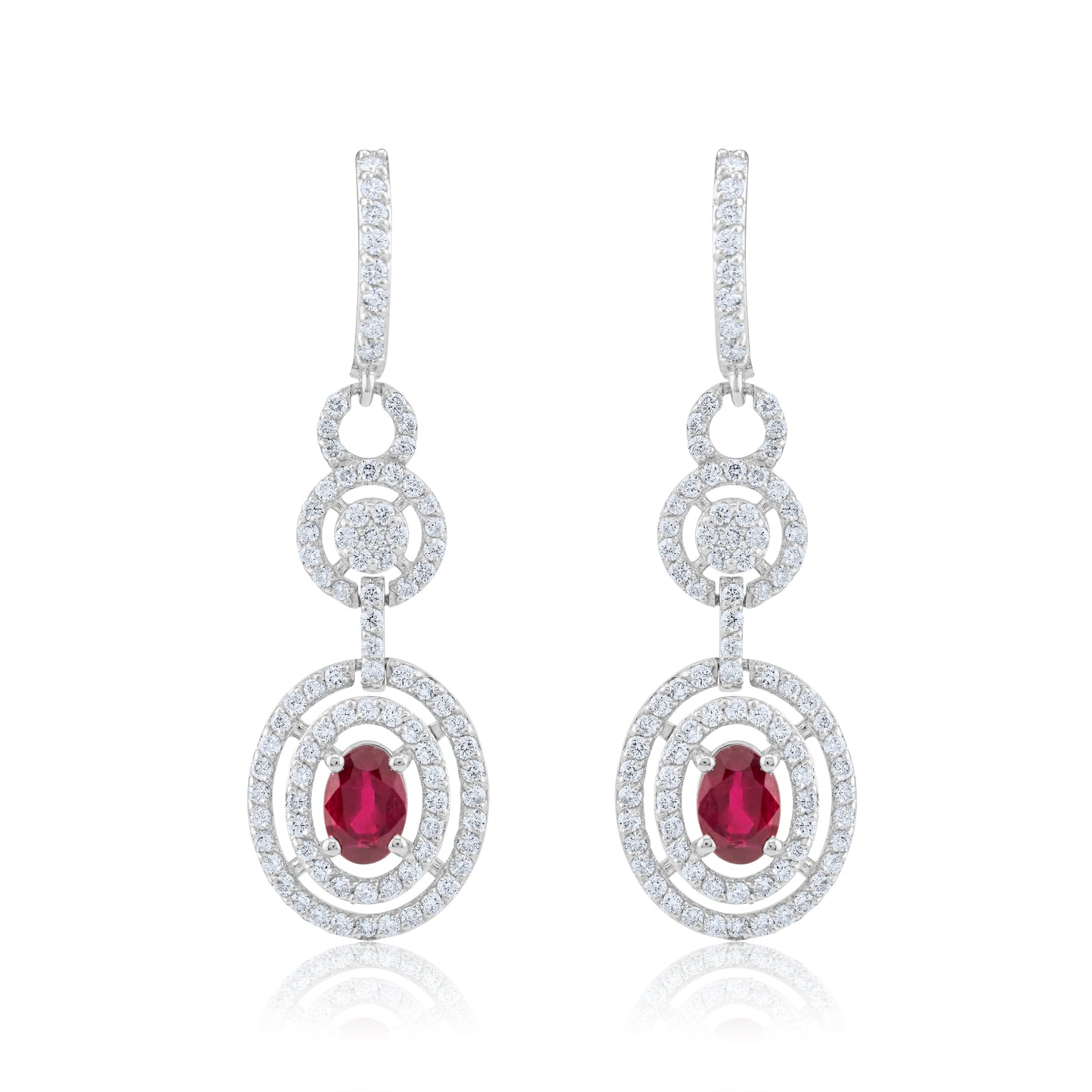14K White Gold Ruby & Diamond Dangling Halo Earrings ~ 2.25 Ct