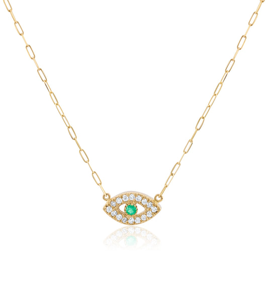 14K Yellow Gold Diamond & Emerald Evil Eye Necklace ½ Ct