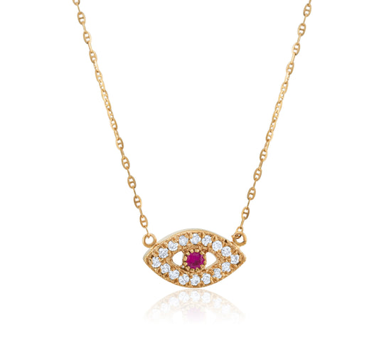14K Rose Gold Diamond & Ruby Evil Eye Necklace ~ ½ Ct