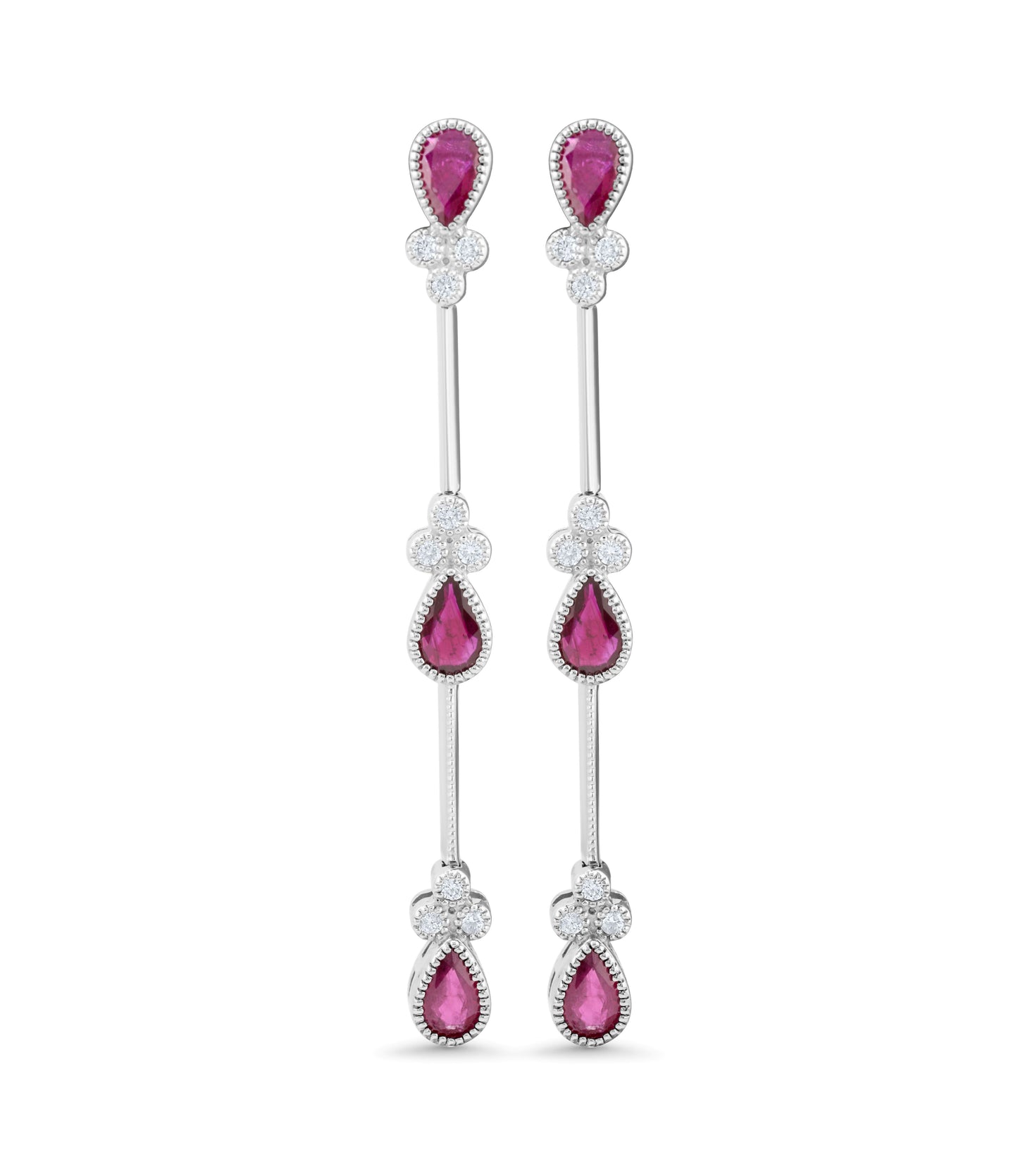 14K White Gold Ruby & Diamond Modern Line Earrings ~ 3 Ct