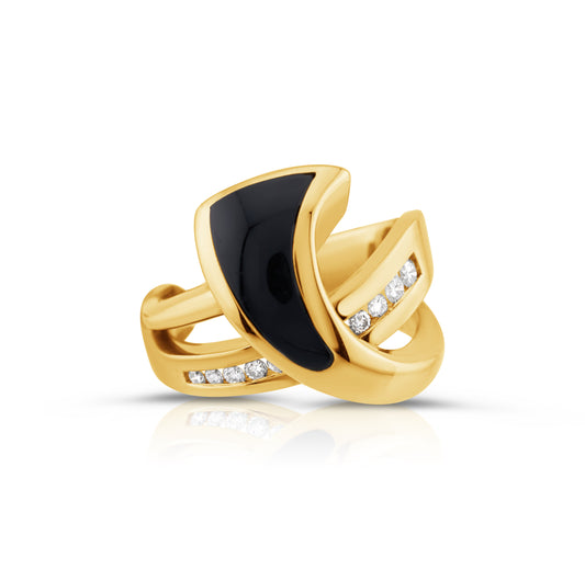 14K Yellow Gold Diamond & Freeform Onyx Cabochon Ring