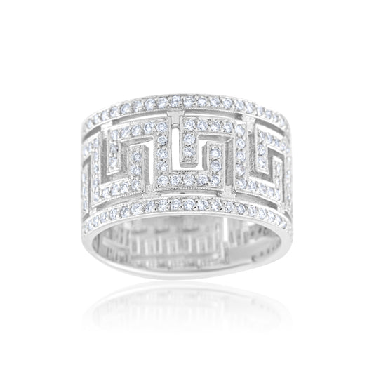 14K White Gold Diamond Greek Key Wide Eternity Band ~ 1.20 Ct