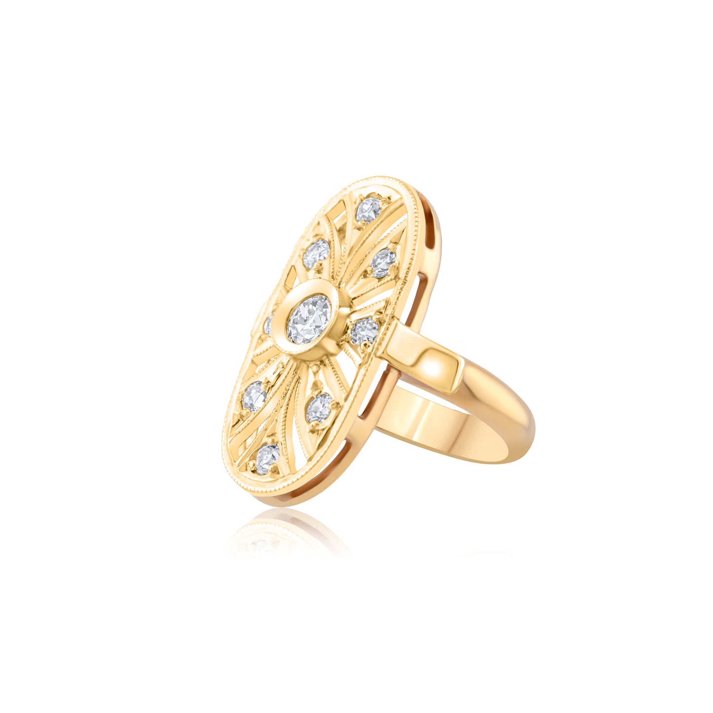 14K Yellow Gold Vintage Medallion Diamond Ring ¾ Ct