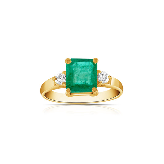 14K Yellow Gold Diamond & Emerald Three-Stone Ring ~ 1.20 Ct