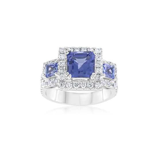 14K White Gold Diamond & Tanzanite Three-Stone Halo Ring ~ 3 ½ Ct