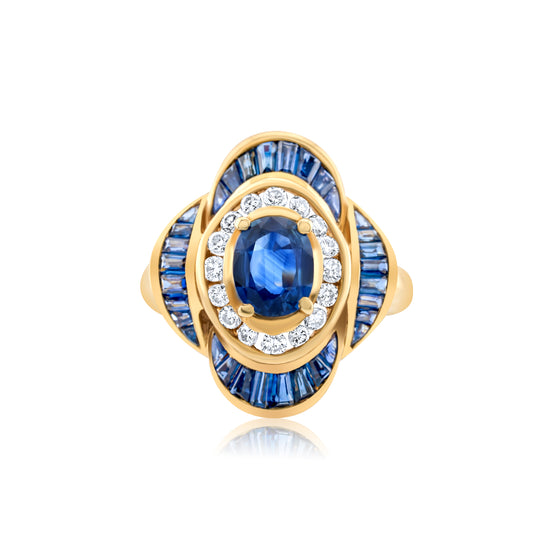 14K Yellow Gold Diamond & Sapphire Vintage Ring ~ 2 Ct