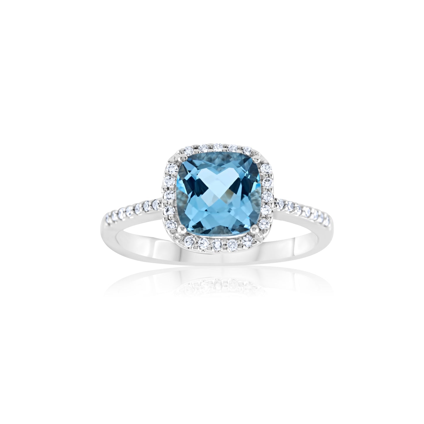14K White Gold Diamond Halo Aquamarine Ring 2 Ct