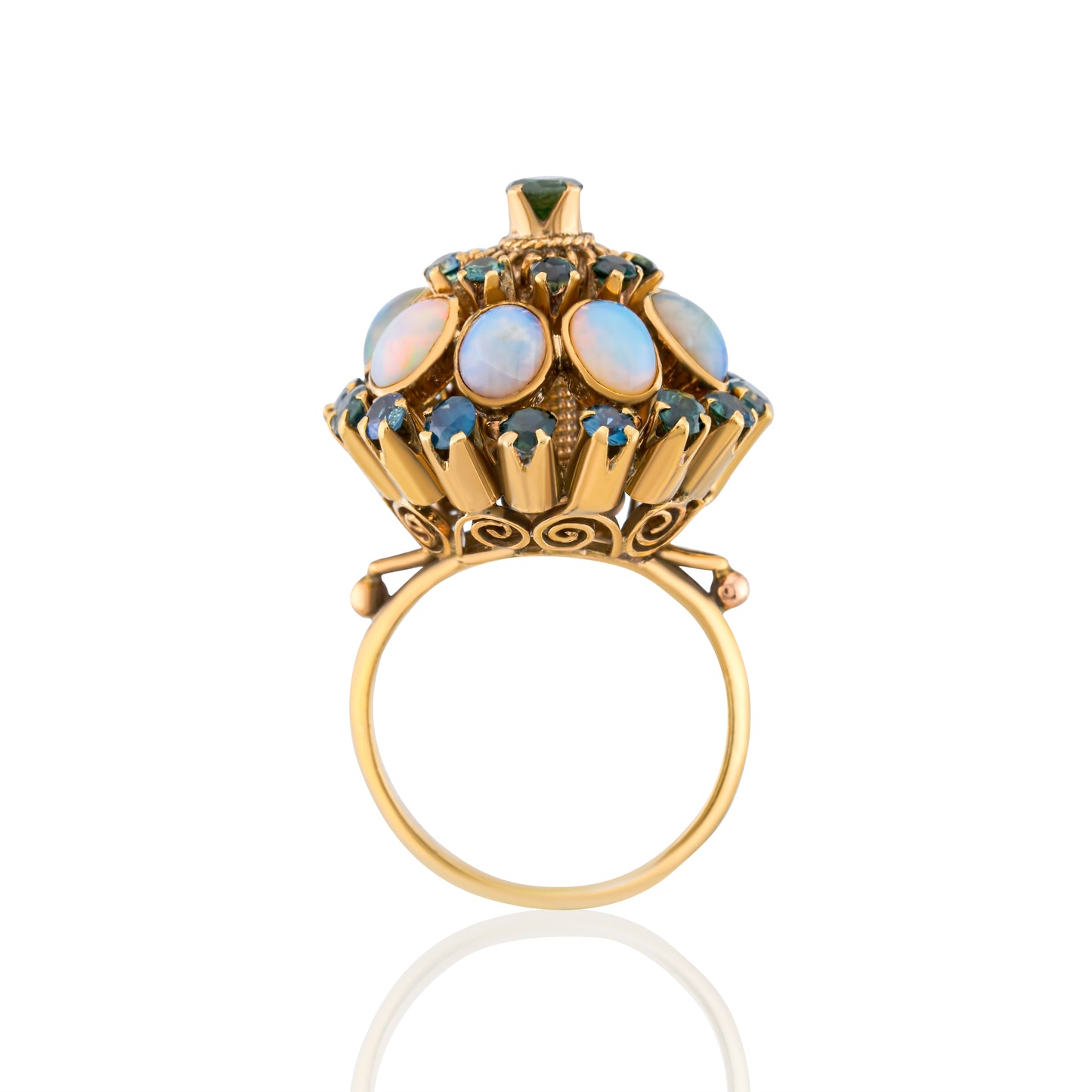 18K Yellow Vintage Opal & Sapphire Floral Cluster Ring ~ 5 ½ Ct