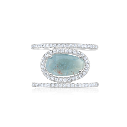 14K White Gold Diamond Halo Aquamarine Cocktail Ring ~ 3 Ct