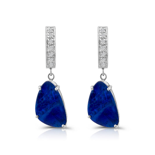 14K White Gold Diamond & Black Opal Drop Earrings 1/6 Ct