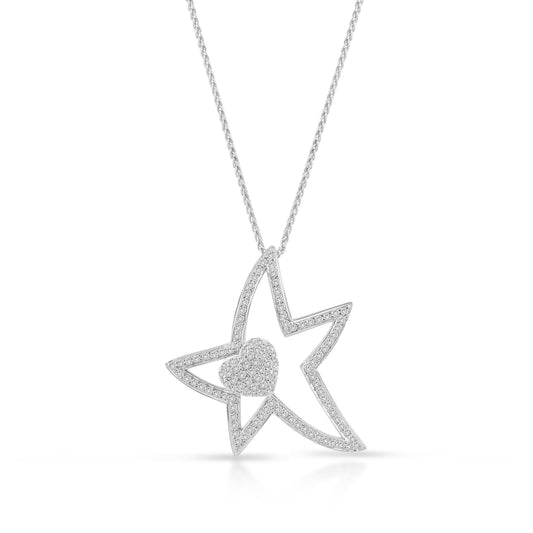 18K White Gold Diamond Star & Heart Pendant ~ 1½ Ct