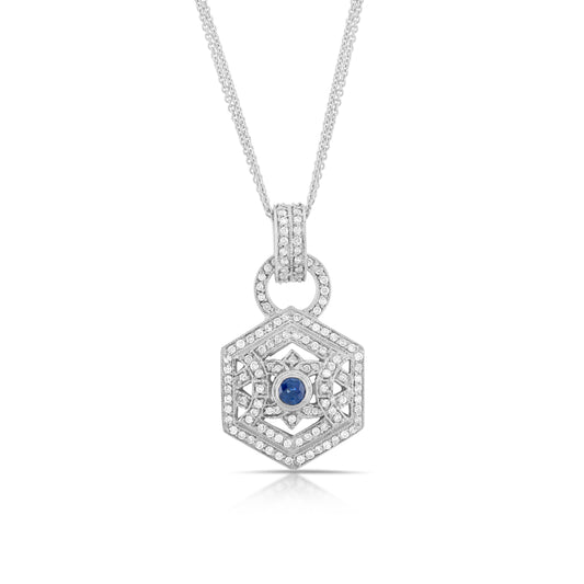 14K White Gold Diamond & Sapphire Art Deco Design Pendant ~ 1 ½ Ct