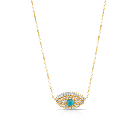 14K Yellow Gold Diamond & Turquoise Evil Eye Necklace ~ 1 Ct