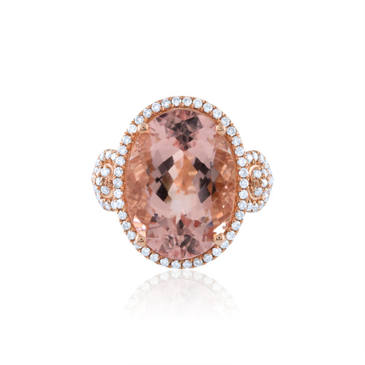 14K Rose Gold Diamond Halo Morganite Statement Ring ~ 15 Ct