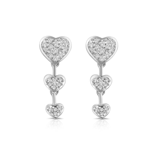 14K White Gold Triple Heart Diamond Earrings ~ 1 Ct