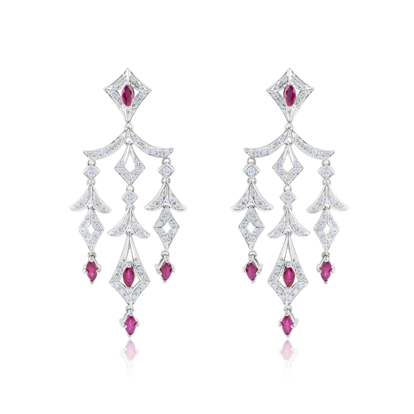 18K White Gold Ruby & Diamond Chandelier Earrings 3 Ct