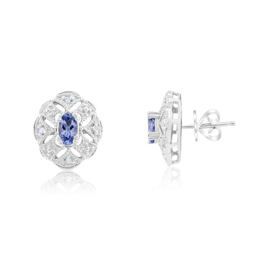 14K White Gold Diamond & Tanzanite Victorian Stud Earrings
